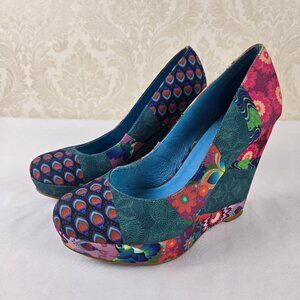 Desigual Size 38 (US 7.5-8) Multicolor Printed Fabric Wedge Heel Round Toe